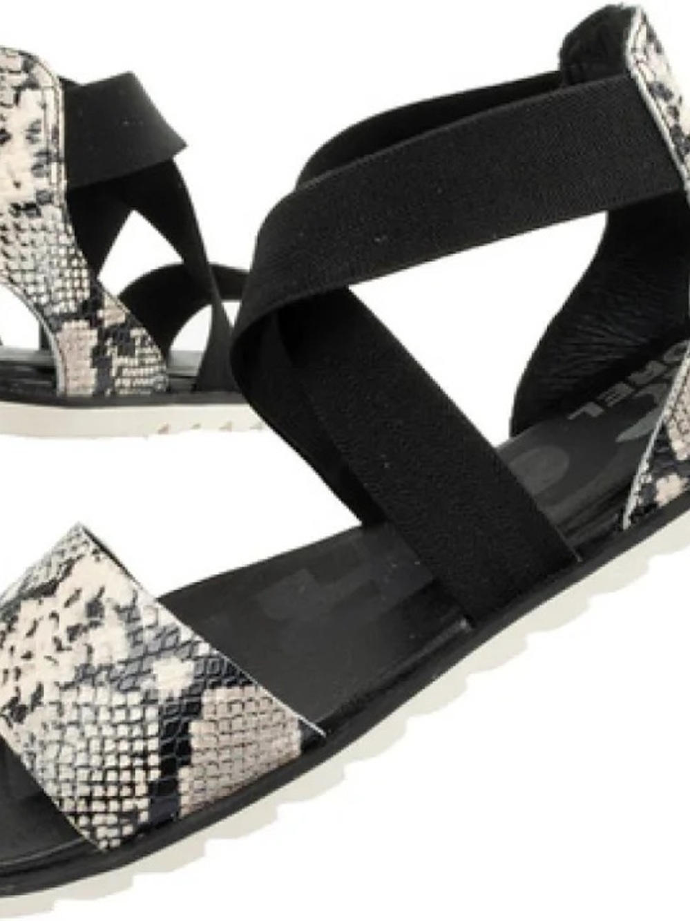 Sz 8.5 ladies Sorel Ella II Sandal in Black with Snake-Print Accents